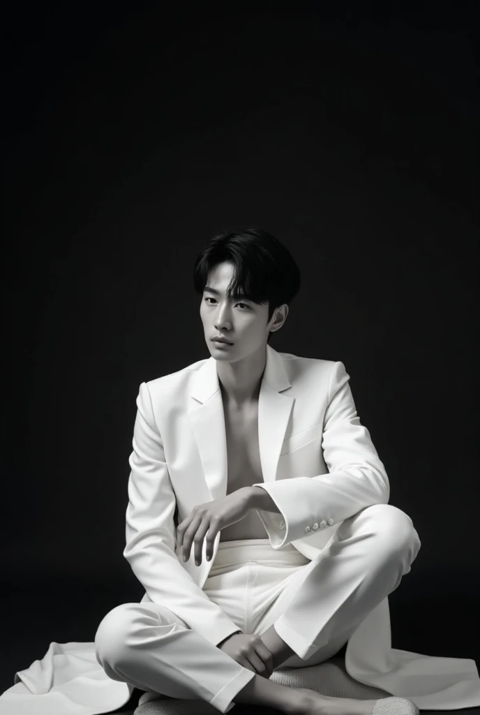 A handsome Korean man sits on the floor in an elegant pose wearing an elegant all-white outfit on the backside of a clean deep black 