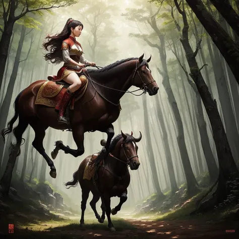  There is a girl riding a bull in a forest, A beautiful artistic illustration, Written by Yang J, author：Li Song,  Chen Lin , by Qu Leilei,  In Zhi Ding , by Li Fangying, s beautiful word painting , Lovely detailed digital art, author：Cold plum, Teng Ching...