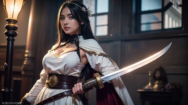 "8k,  Canon EOS 1DX MKIII, Style image ,  of a woman dressed in a white uniform holding a sword, goddess, goddess loira, fanart the best artstation, beautiful cleric, germ of art on artstation pixiv,  Guweiz on ArtStation Pixiv, Cleric woman , Beautiful an...