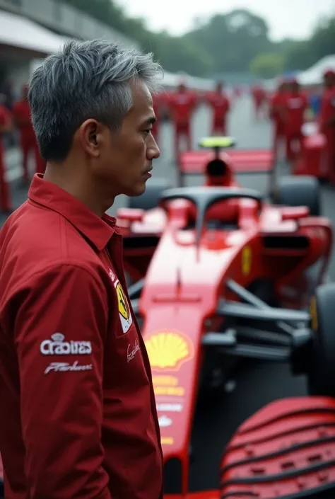 Hyper realistic,ultra HD,negative promft,rindering cinematic.
An indonesian  man ,side part thin grey cut.
Lookin a  Ferrari Formula 1. 
Mandalika Sircuit, paddock crew background