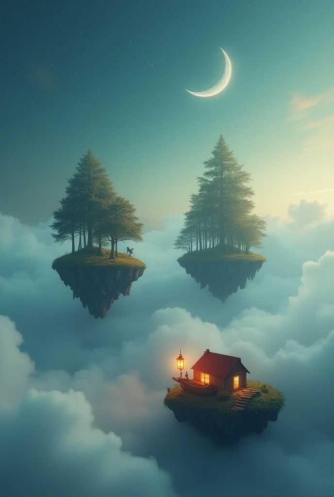  two floating wooded islands in a sea of clouds and fog .  In between, a star forest that emerges from the clouds and a small wooden boat with a red roof and lantern that emits a warm little light. In the sky stars and a crescent moon 