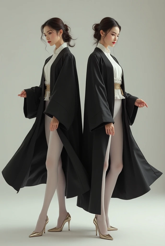 Two Chinese female mages，Judicial robe， beautiful face，High heel，Superwoman，skirt， white pantyhose，Real People