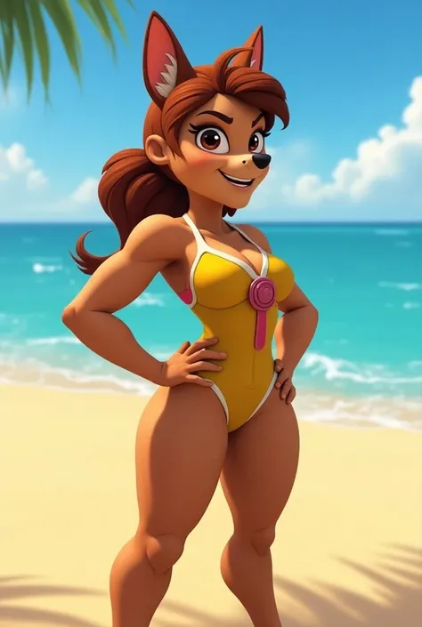 Chase paw patrol showing off her muscular body while at the beach in a humanoid swimsuit