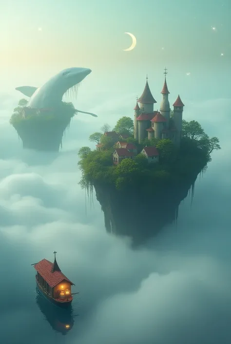 two floating wooded islands with villages in a sea of clouds and fog .  In between a star whale that emerges from the clouds and a small wooden boat with a red roof and lantern that emits a warm little light. In the sky stars and a crescent moon 