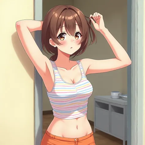 anime illustration, woman, low ponytail, brown hair, brown eyes, sun-kissed complexion, tank top, tiny pink-blue-yellow-white striped pattern on tank top, thin horizontal stripes, orange shorts, proportionate medium sized breasts, round face, indoors, lean...