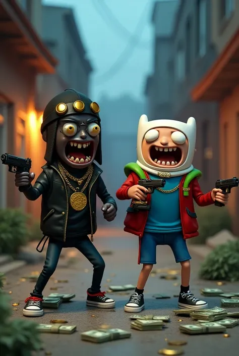 
"In a  whimsical Adventure Time meets 3D Disney-Pixar art style, create a playful scene featuring cartoon characters Mojo JoJo and a Black Finn from Adventure Time shooting a rap video in a dark setting of East Oakland. They are dressed as UK drill rapper...