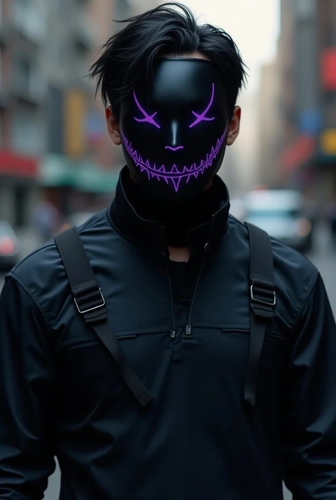 Man with black hair, wears a full face mask, the mask is black, and has a wide smile painted with purple on it.
Wears a Techwear outfit, all in black with some purple details and black harnesses over the shirt.