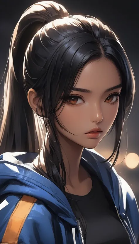 A close-up view of a semi-realistic anime-style woman, aged 21, with long, sleek black hair styled in a high ponytail. She has warm tan skin with a slight golden undertone, and a sharp, symmetrical face. Her jawline is slightly softer yet still well-define...