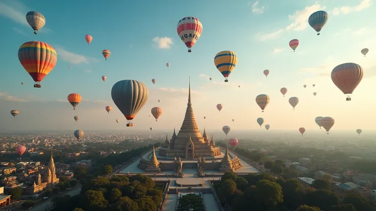 Hot air balloons flying in the sky over Yangon city, Myanmar generative AI generative AI design for Instagram, Facebook wall painting,myanmar, burma, travel, Urban, Shwe Tigon  pagoda, tourism, asia, beautiful, landmark, background, architecture, tradition...