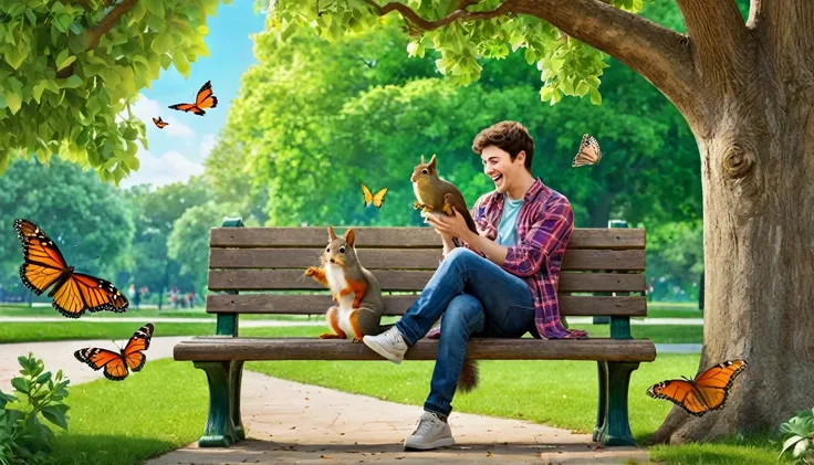 Create a lively and colorful image of a young man sitting on a park bench, surrounded by a variety of animals. Include a fluffy cat playfully pawing at the young mans hand, a cheerful dog sitting at his feet, and several birds perched on nearby branches, s...