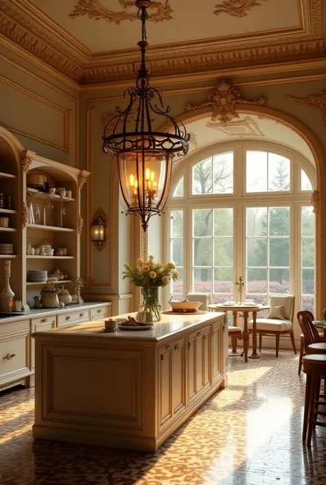 masterpiece, perfect kitchen space, luxurious, aristocratic interior design, royal space, ((super detail :1.3))), neoclassical style design, neoclassical interior Modern blend, kitchen interior space with tables and chairs, kitchen details, luxurious kitch...