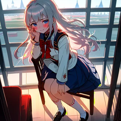 1 girl, (((Arya)), (  Alisa Mikhailovna Kujo), ( Alya Sometimes Hides Her Feelings in Russian),Best Quality, (Silver Hair),  white skin, Pale blue eyes, red thin ribbon for hair   ,   Japanese School Uniforms  ,(short navy blue uniform skirt), ( white high...