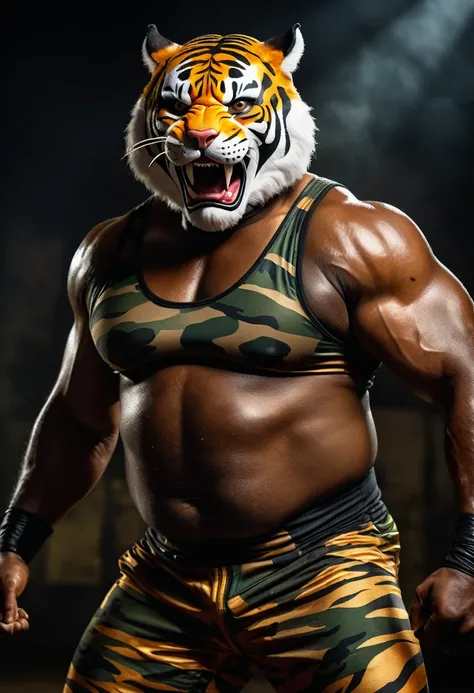 (a dark-skinned fat muscular old man in a camouflage wrestling singlet), (wearing a small-sized realistic roaring tiger mask), saluting, dynamic action pose, fierce expression, showcasing an imposing stature, surrounded by military elements, dramatic shado...