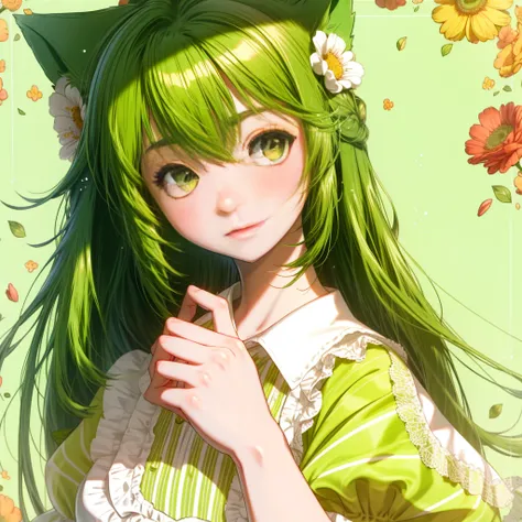 Cat Ear ，1 female， Slightly shy， Grip Cheek Flower Hair Trim，green hair，Green eyes