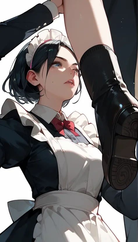 Anime Women, Maid, raised leg, Stomping of toe on throat, looking down, head out of frame, throw