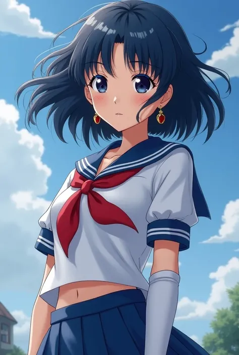 close-up, 1 realistic girl, Sailor Suit, Tsukino Usagi, (Open-chested Sailor Uniform chiseki:1.2), (Indonesian black eyes:0.9), bluish black hair, Medium Length Hair, Wedge Skirt, Top quality, earrings, masterpiece , high resolution, Intricate details, (Pr...