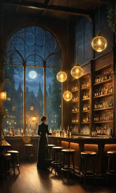 Imagine a scene that could be recounted in a bards tale, rich in imagery and lyrical beauty, depicting a bartender in a stylish bar setting. The bartender is a central figure, described with poetic grace and vivid detail—perhaps the cut of their clothes re...