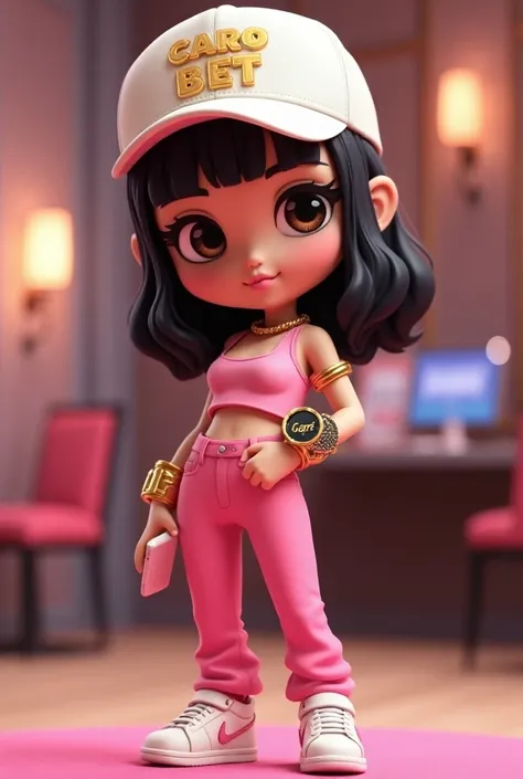 A 3D chibi character named Sabrina in a sleek, modern casino studio. Sabrina has shoulder-length black hair, big brown eyes, and wears a trendy white cap emblazoned with the name "Caro bet" in bold gold letters. She is dressed in an elegant pink crop top a...