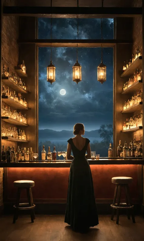 Imagine a scene that could be recounted in a bards tale, rich in imagery and lyrical beauty, depicting a bartender in a stylish bar setting. The bartender is a central figure, described with poetic grace and vivid detail—perhaps the cut of their clothes re...