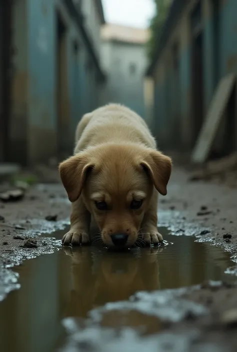 An abandoned puppy drinks water in a puddle 