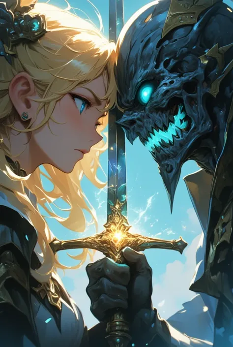 A beautiful blonde woman with blue eyes holding a sword next to the face of an undead warrior, in the style of a fantasy game style, suitable for a mobile wallpaper, The faces on both sides are the same size, symmetrical, with the sword in the middle. 