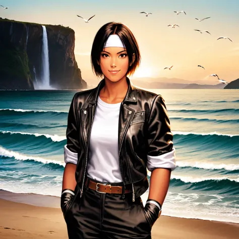 Beautiful Japanese girl, fine smooth dark skin, well-groomed face, black shorthair, smiling, ((black jacket with rolled-up arms)), fingerless gloves, white T-shirt, (white headband on forehead), black pants, white shoes, brown belt, cool watch. Posing on b...