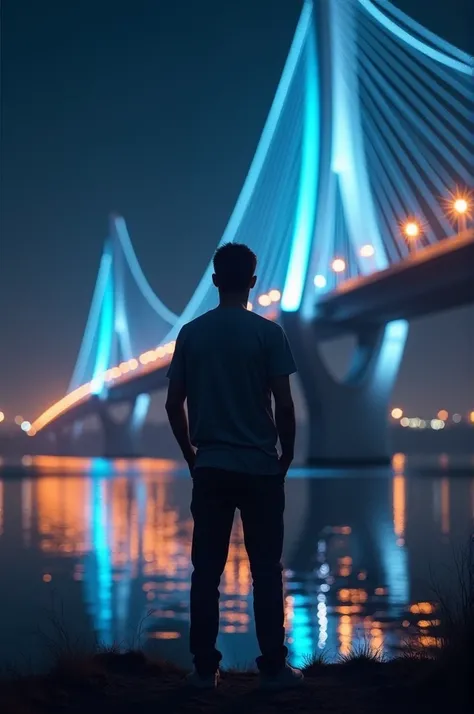 I want a picture of a man next to the Ahwaz bridge at night
