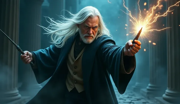 Harry potter with long white hair ready to  attack mode