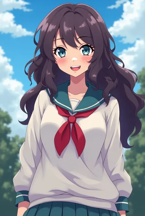 An anime teenage girl in the art style of the anime ‘The Disastrous Life of Saiki K’. She has long dark maroon-purple-gray very very poofy curly hair with straighter wispy bangs, her eyes big and eyelashes long. Her lips are pouty, puffy, shiny, and pink. ...