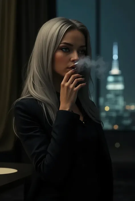 Young female mafia boss with long silver hair smoking a cigarette.