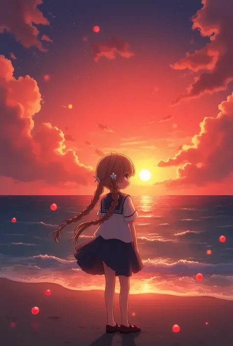 1girl, solo,smile, beach,(sunset:1.1),  akagi_rin(denchi-project), solo,  star hair ornament, twin braids,sparkle, from behind, looking back, huge sunset,red floating, uniform, night, waving, sea