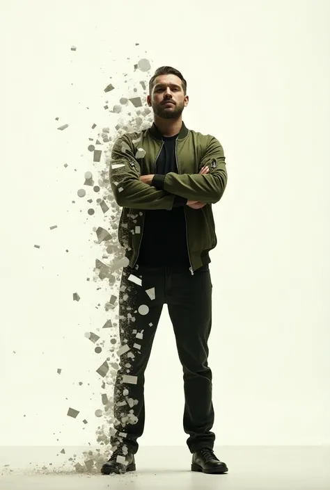 “Create an image of a person wearing an olive-green boomber jacket, standing with arms crossed. The individual is disintegrating into  bigest square and much particles starting from the left side. The background should be a plain, off-white color for contr...