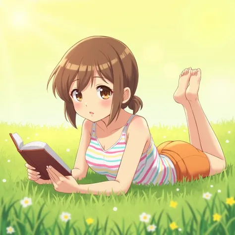 anime illustration, woman, low ponytail, brown hair, brown eyes, sun-kissed complexion, tank top, tiny pink-blue-yellow-white striped pattern on tank top, thin horizontal stripes, orange shorts, proportionate medium sized breasts, round face, pretty, on a ...