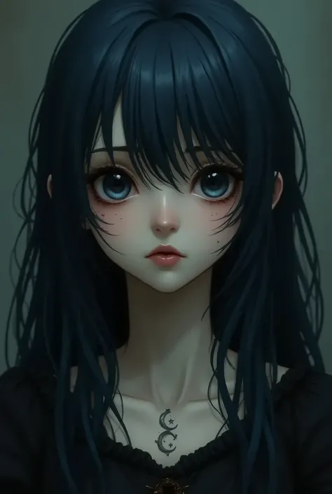 A beautiful girl with long, slightly untidy dark blue hair with black eyes and moon-shaped pupils, the girl has a mole of one moon and two stars placed on her neck along with an angry expression and poor Victorian dress