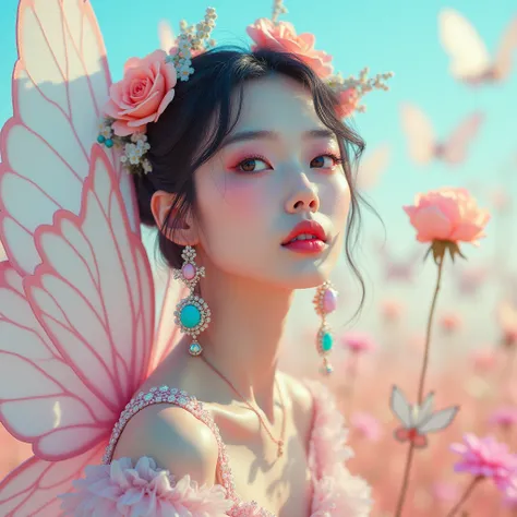 Very beautiful Korean girl with colorful pastel accessories on her face and with big butterfly wings 