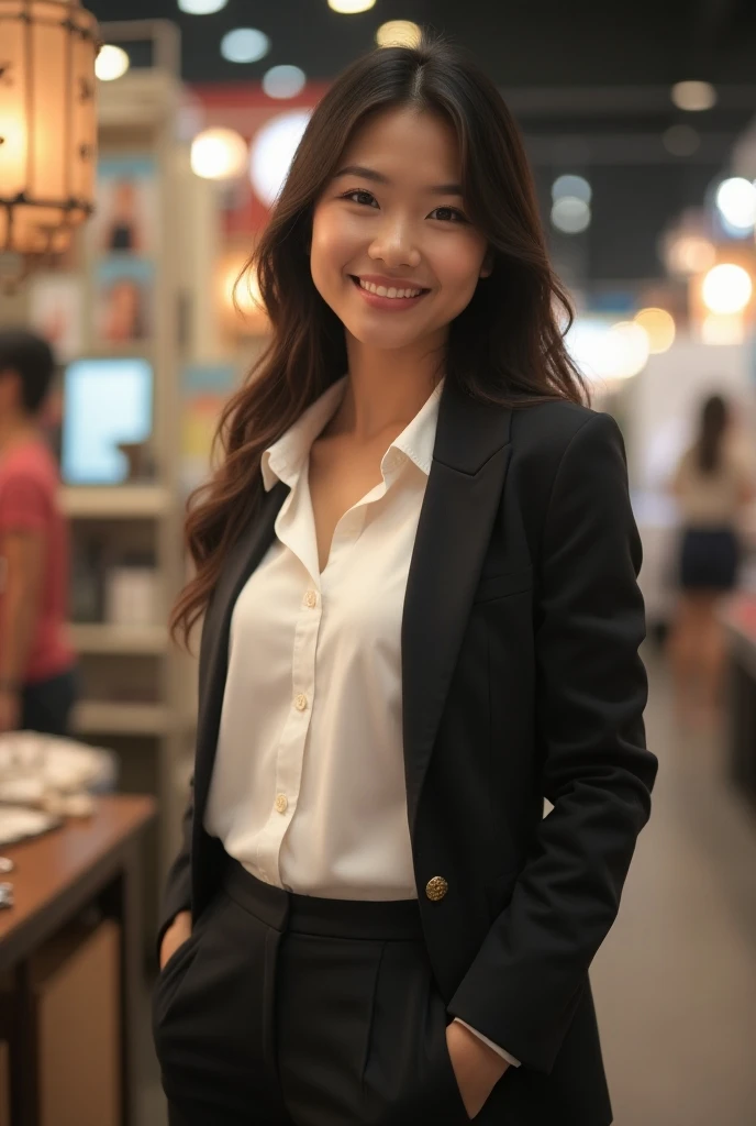 Create an 18-year-old Asian businesswoman, standing while selling goods, smiling with a cute face. The image should be full-body, with her wearing a slightly revealing blazer, appearing youthful and successful.