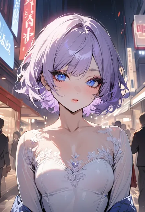 (( best quality)), (( masterpiece )), ( Details), Young woman, alone, (  small chest, Light purple hair, Blue eyes, ((Short hair)) , Beautiful face, Beautiful skin, Long eyelashes, Thick eyelashes),milf,Diffuse light, sexy, Elegant, ดวงตาที่มี Detailsสวยงา...