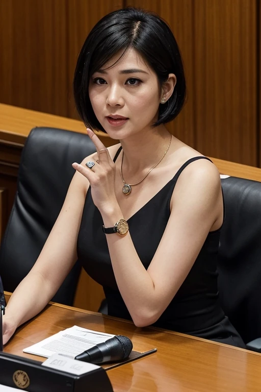 an asian female politician, was photographed sitting at a parliamentary table. On the table was a "Claire" name tag, and a desk microphone. The woman had black hair with a short bob, black eyes, a round face with natural make-up. The woman wore a black sle...