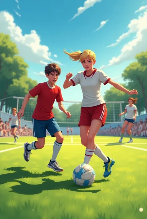 Send me an image of two boys playing soccer and a blonde girl playing volleyball, That they are older, The girl playing volleyball and the boys soccer