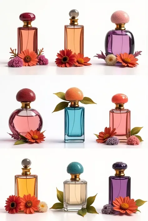 collage of 6 photos on a white background ,   stickers in 3d style image, on every photo, perfume bottles of different shapes and colors , original , decorated with shiny stones,   shapes of different shapes and colors are decorated with fresh flowers. 3 w...