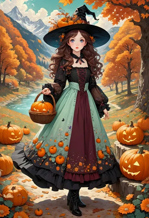 Create a drawing with a completely white background, but adorned with various elements such as pumpkins, dry leaves and mists. a cute WITCH animated girl, beautiful detailed eyes, beautiful detailed lips, extremely detailed eyes and face, long eyelashes. E...