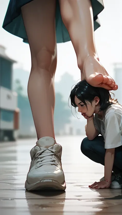 anime women, raised leg, stomping of feet on throat, looking down, head out of frame, throw