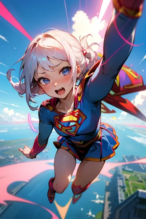 Masterpiece、  Short White Hair  , ,   pink and navy dress、Headbang 2.、  Twin Tail、(Embarrassing)、(( Superhero )).(( Supergirl)).((Flying)).