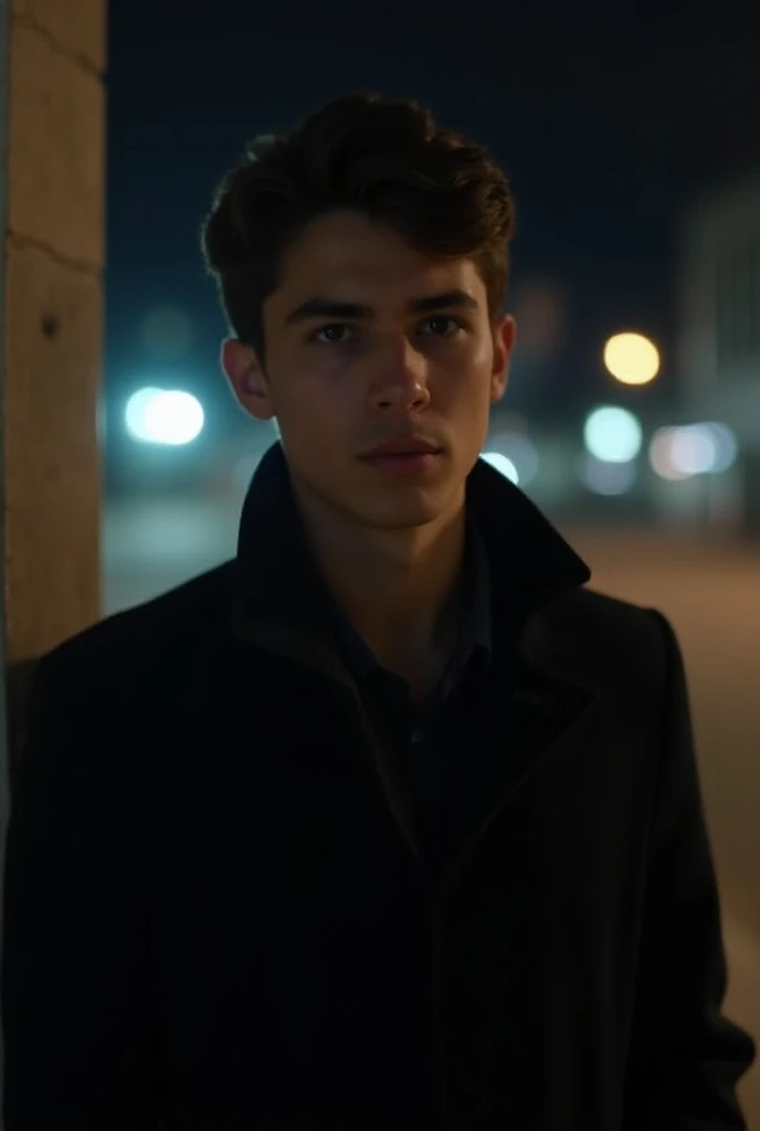 Generate an image for me as if it were taken with a normal cell phone camera
Of a 17-year-old man in a black jacket at night 