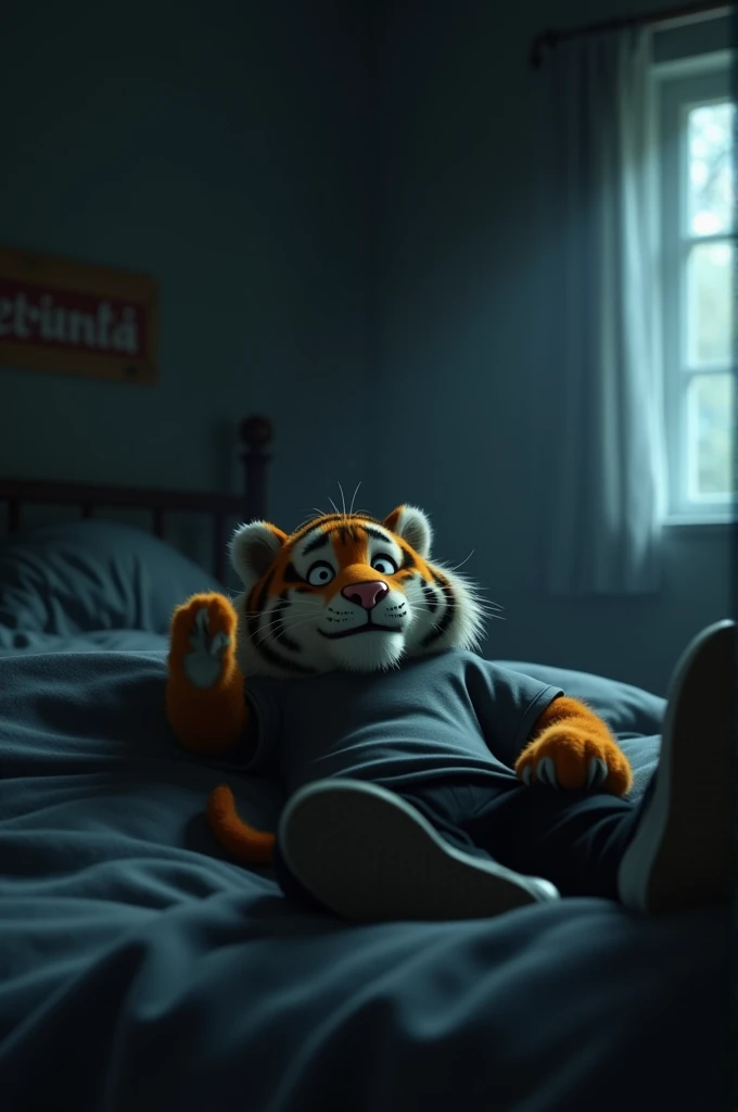 "A dark, eerie bedroom with Sharu ( A 3D Pixar style tiger wearing gray t shirt black pants and white sneakers) lying in bed, his eyes wide open in terror as the same creepy laughter from the chudail echoes in the room. Shadows move on the walls, and Sharu...