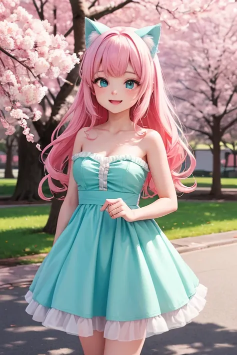 ,Center Frame Shot,8k,highly detailed highres best quality,“A cheerful teenage girl with long pink hair and bright blue eyes, wearing a dress, standing in front of a cherry blossom tree. Anime style, vibrant colors.”,strapless dress green,,Portrait,long ha...