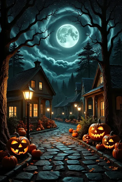 a cozy halloween village scene on a cobblestone path, illuminated by glowing lanterns. the village is lined with charming, old-s...