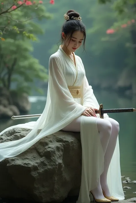 There is an ancient Chinese beauty sitting on a rock with a sword, Girl wearing Hanfu,  white pantyhose，Full body fairy,  white pantyhose, Gorgeous role-playing,  High heel， white pantyhose