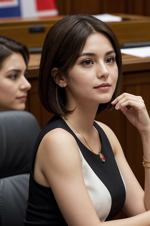 an european female politician, was photographed sitting at a parliamentary table. On the table was a "Claire" name tag, and a desk microphone. The woman had brunette hair with a short bob, brown eyes, a round face with natural make-up. The woman wore a bla...