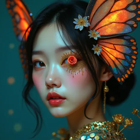 Very beautiful Korean girl with accessories on her face with colorful scales and with large butterfly wings on her head with an eye made of golden roses monochrome lip shiny wet skin colorful lighting